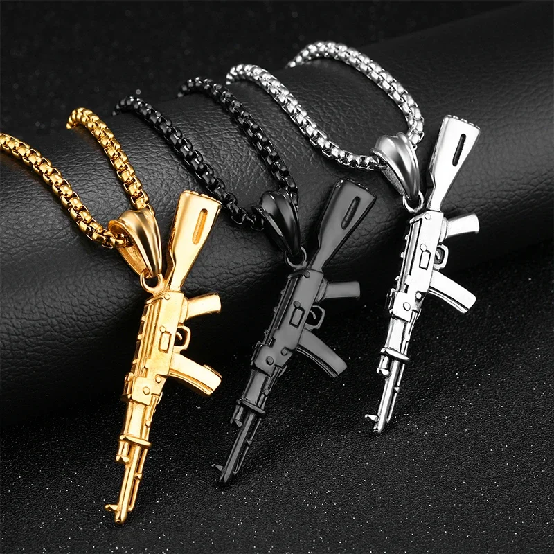 Necklace Men Military enthusiast Stainless Steel Chain AK Submachine Pendant Hip Hop Jewelry for Men Accessorie