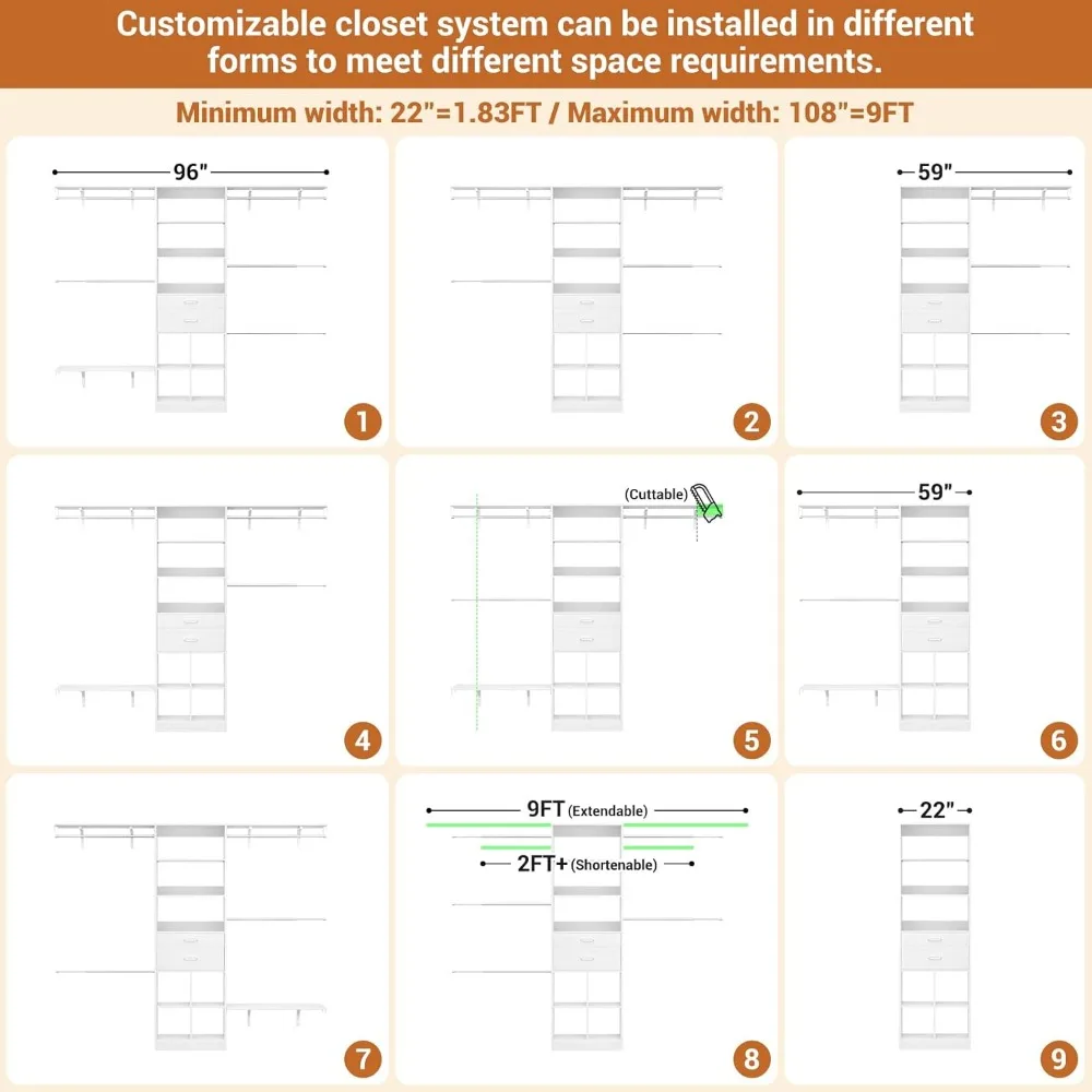 4.75-8FT Closet Organizer with Wooden Drawers & Cube Storage Organizer, Up To 96" Closet Systems for Nursery & Walk-In Closets