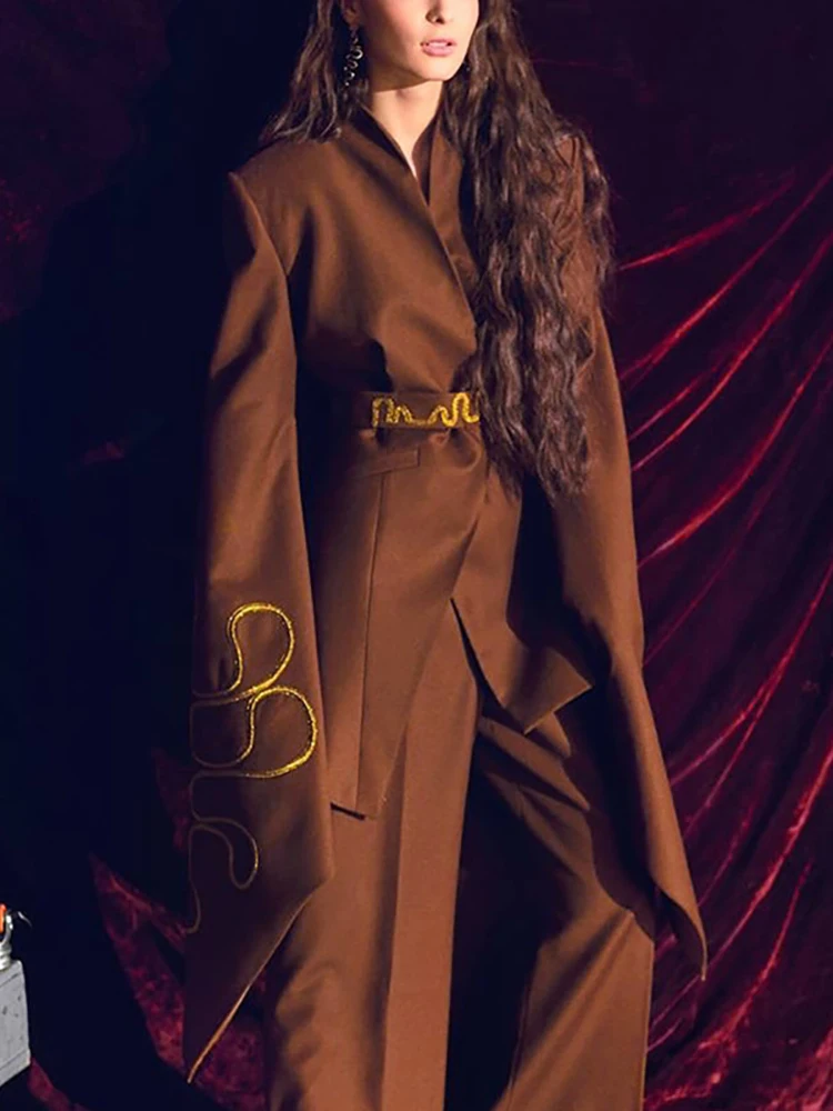 

2025 New Women Solid Slimming Spliced Embroidery Temperament Blazers V Neck Long Sleeves Patchwork Lace Up Formal Long Dress