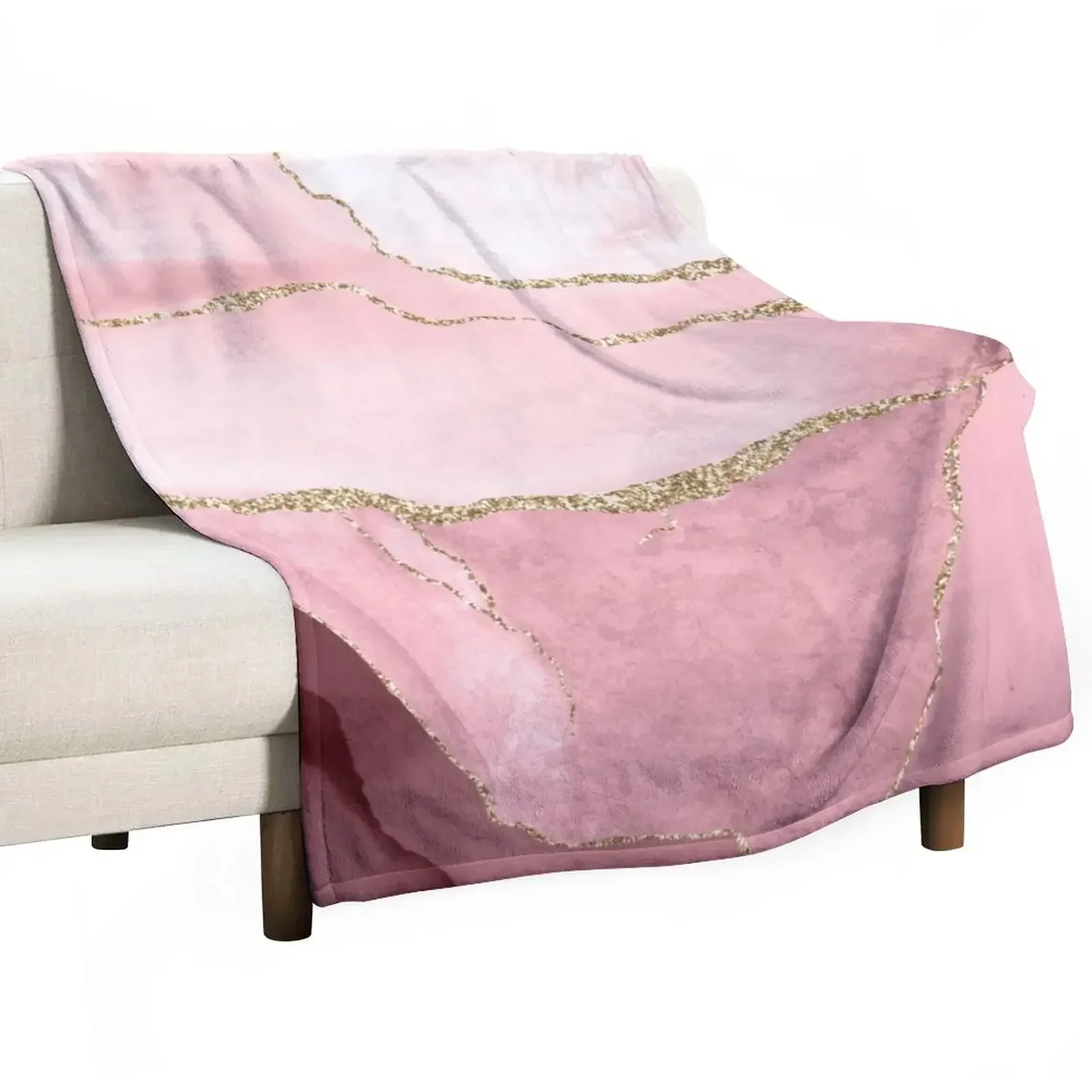 

Watercolor Agate, Blush Pink Burgundy Faux Gold Veins Throw Blanket for sofa Thins Blankets