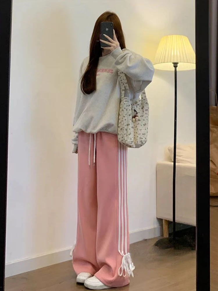 QWEEK American Retro Sport Striped Sweatpants Women Bandage Casual Streetwear Loose Pants 2024 Spring Fashion Trousers