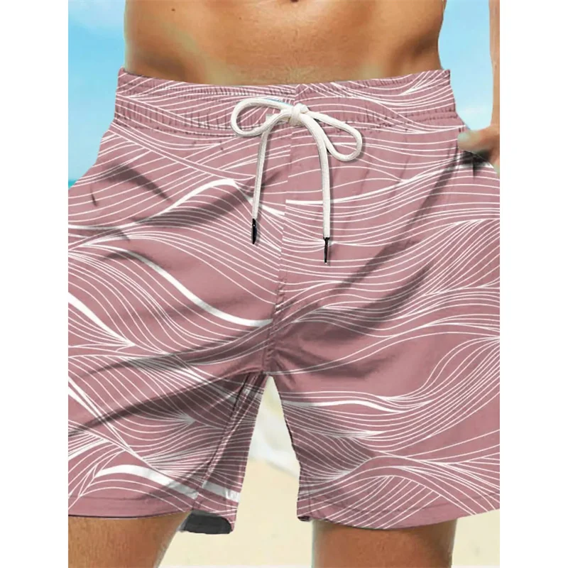 Curved Stripe Graphic Swim Trunks For Men Fashion 3D Print Short Pants Summer Holiday Hawaiian Drawstring Quick Dry Board Shorts