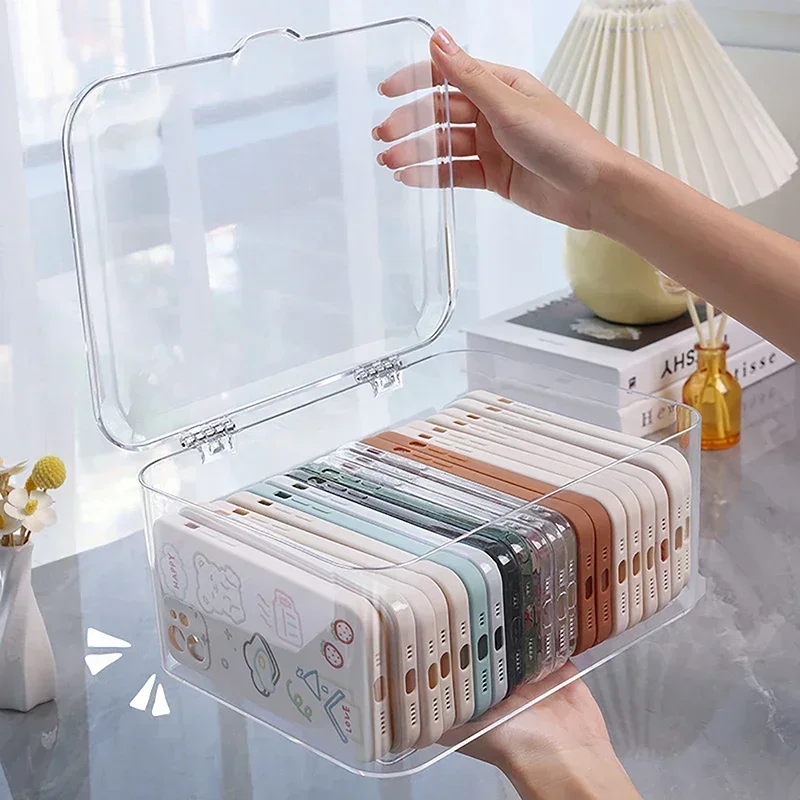 HOT Acrylic Sundries Storage Basket Phone Case Holder Ins Transparent Phone Case Organizer Storage Box with Cover Home Desktop