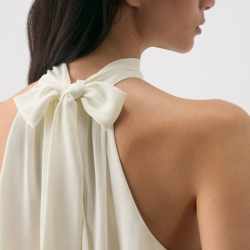 Womens Pleated Halter Top Y2k Sleeveelss Bowknot Tie Back Mock Neck Vest Summer Sheer See-through Shirt Dressy Casual