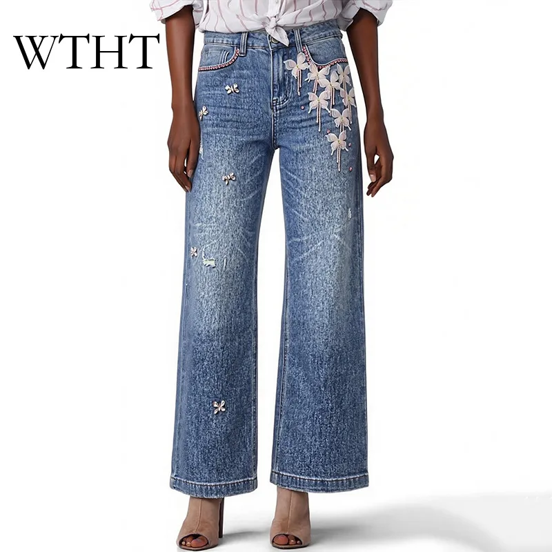 WTHT Vintage Women Beaded Butterfly Embroidery Design Denim Pants Autumn 2026 Irregular Holes Straight Jeans Female 1LS3188