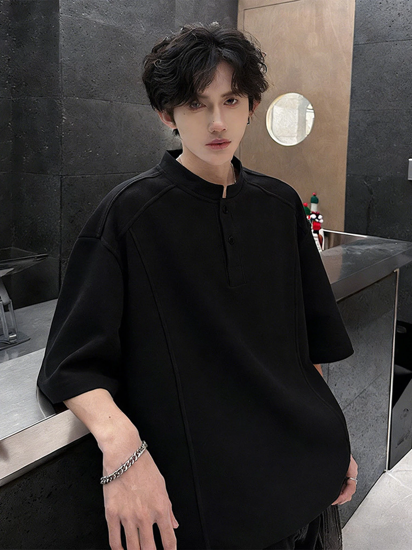 White American Style Heavyweight  Shirt Short Sleeve Men's Summer Henry Collar Correct Shoulder T-Shirt High-End Feeling ...