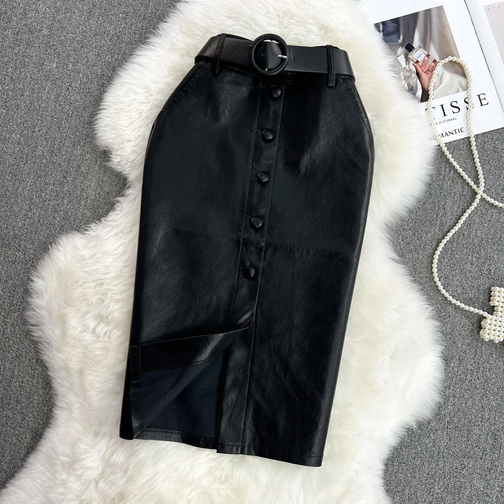 

Autumn Winter Black Retro Skirt Temperament High Waist Thin Package Hip Skirt Single-Breasted Split Long PU Leather Skirt