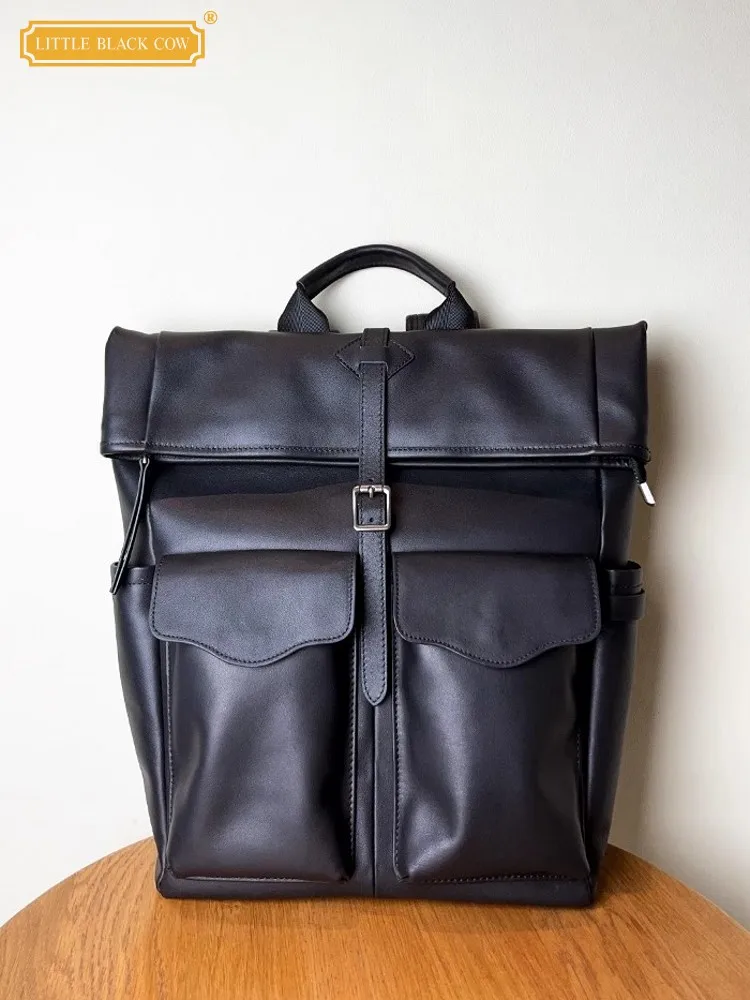 Fashion Mens Large Capacity Laptop Packing Backpack Softshell Cowhide Genuine Leather Shoulder Bag Travel Satchel Man School Bag