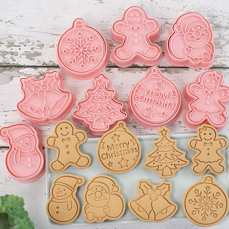 8Pcs/Set Christmas Biscuit Mold Snowflake Snowman Bell Shape Cookie Cutter Stamp Fondant Cake Decoration Tools