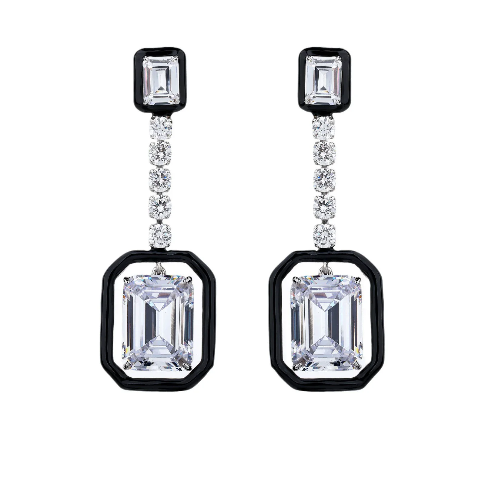 

KQDANCE Big 925 Silver Simple Black Enamel Asscher Cut Rectangle White High Carbon Diamond Geometric Long Drop Earrings Jewelry