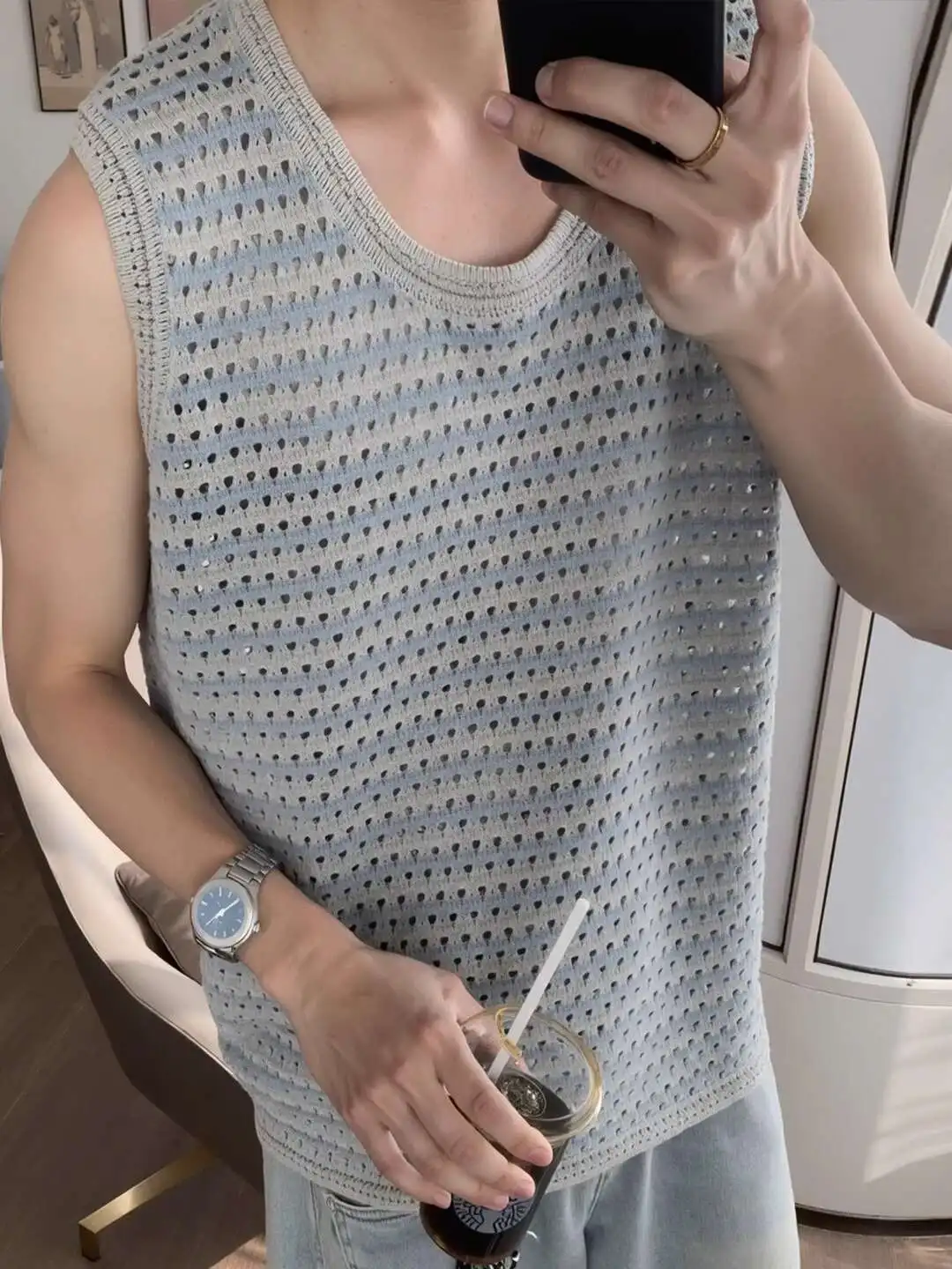 

New Man Tank Top 2025 Summer Hollow Out Sexy Vest Slim-Fit Outerwear Sleeveless Base Layer Knit Top
