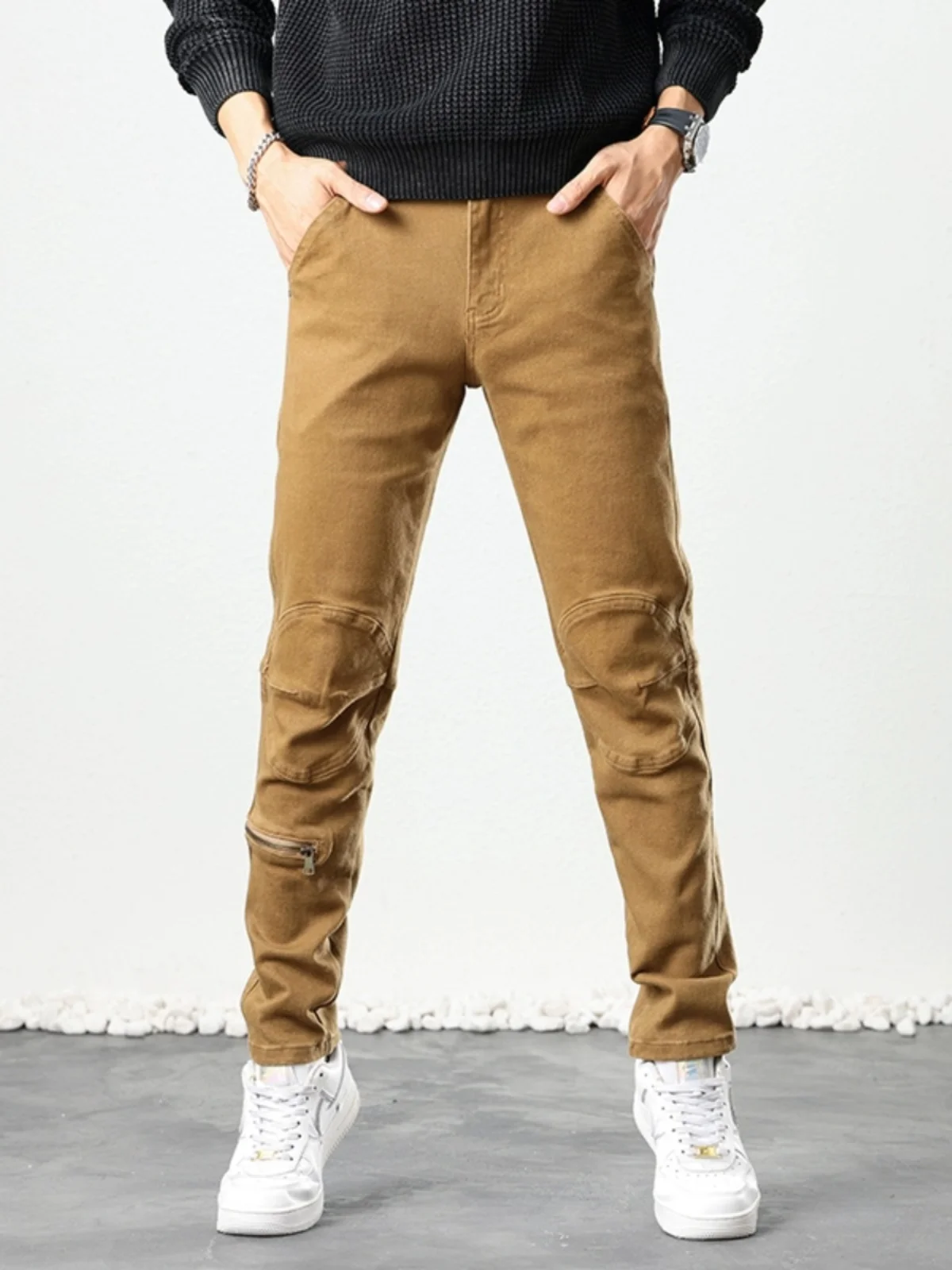 

Spring Autumn Men's Slim Fit Jeans Motorcycle Sle Casual Decorative Zipper Straight Leg Cotton Stretch Denim Pants