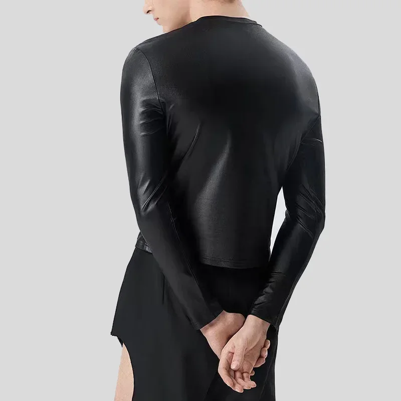 Fashion Men's Matte Leather Pullover Top with Bandage Belt Stage Performance Male Long Sleeve Bodycon PU T-shirt Clubwear Cutsom