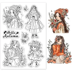 1Sheet Autumn Ladies Clear Stamps for Cards Making Flowers Pumpkin Clear Stamp Seals Transparent Stamps for DIY Scrapbooking