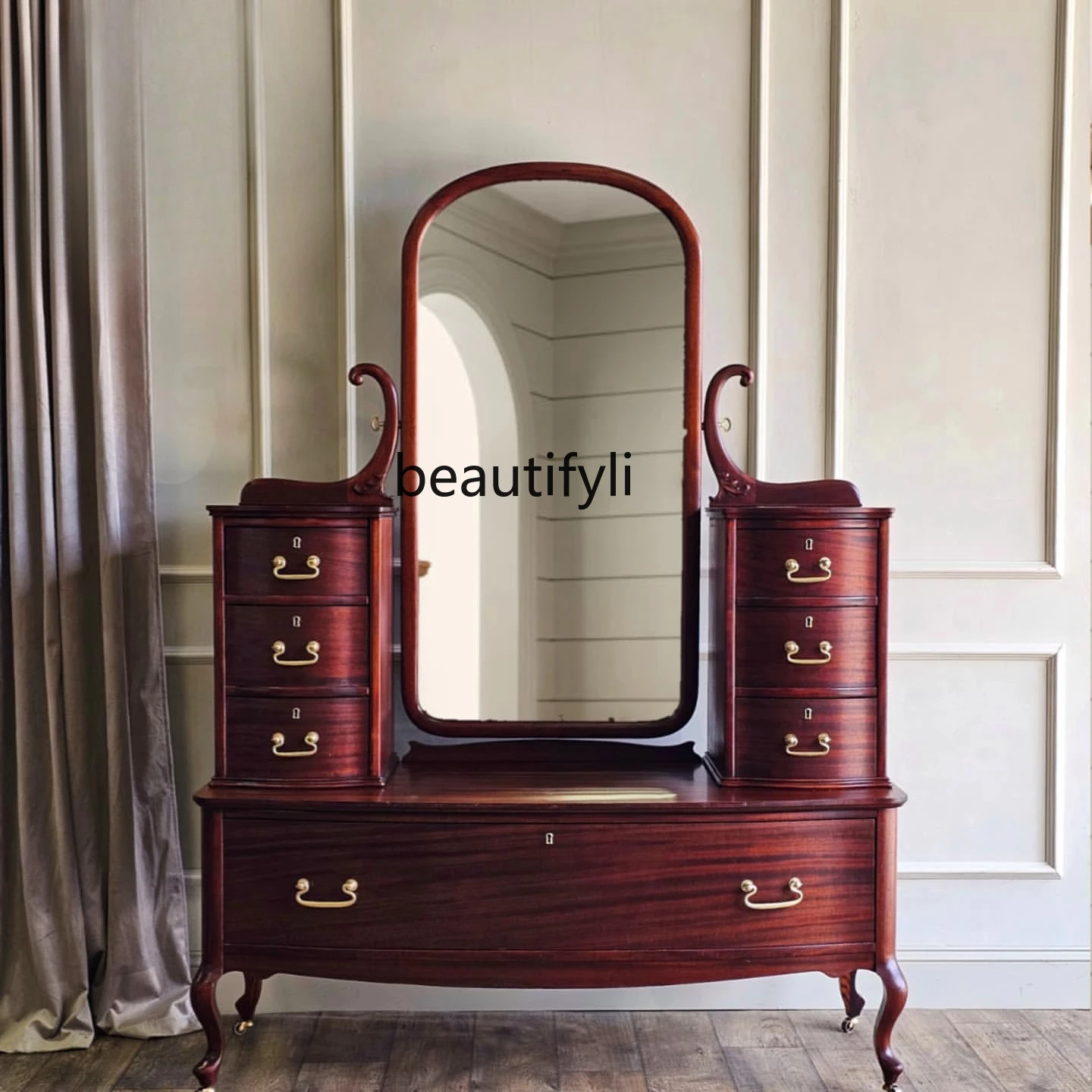 

French Retro Solid Wood Carved Dressing Table American Style Bedroom with Mirror and Chest of Drawers Customizable