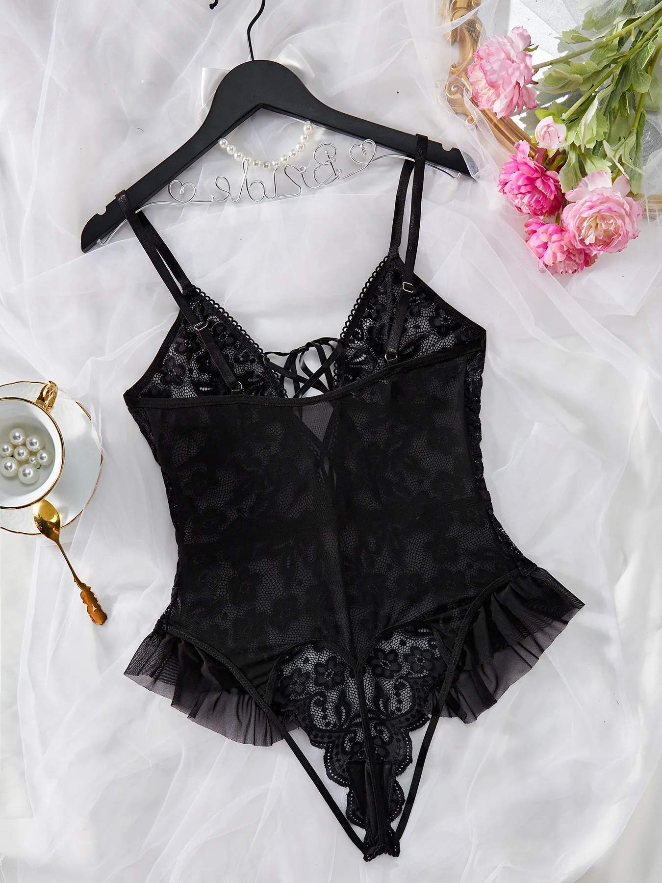 Women Crotchless Lace Strappy Rompers Lingerie One Piece Combination Catsuits Backless Erotic Sexy Bodysuits V-Neck