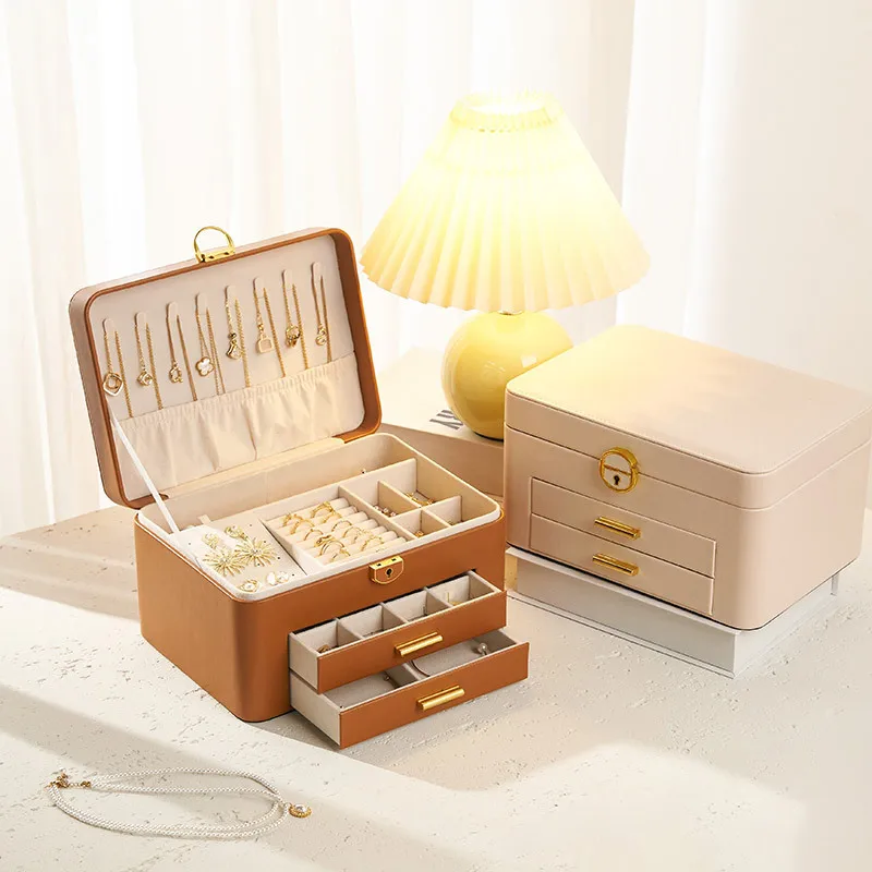 

Large capacity pu leather jewelry box with lock three-layer necklace ring earrings storage box for women's birthday gifts