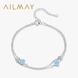 Ailmay 925 Sterling Silver Vintage Turquoise Bracelet Shiny Zircon Link Chain Bracelet For Women Girls Party Accessories Jewelry