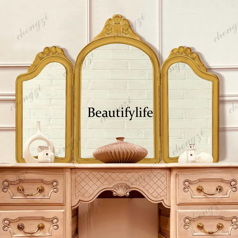 European court style carved makeup mirror French princess style dresser tri-fold mirror