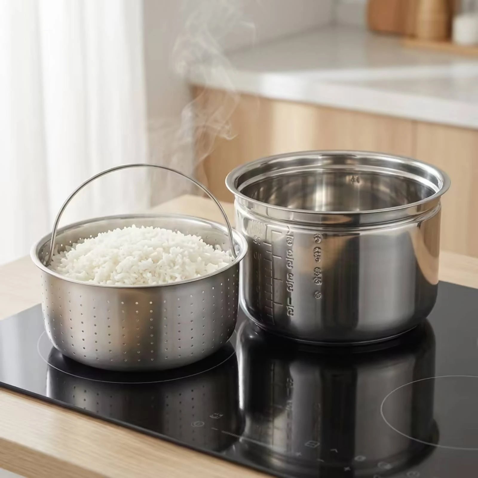 Inner Pot with Steaming Rack Perforated Rice Steaming Insert Soup Separating Pot Multi-Purpose Steamer Basket Long-Lasting