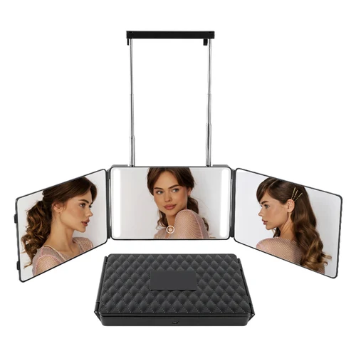 Espejo de corte de pelo de 3 vías, espejo 360 con luces LED, diseño colgante de puerta con gancho, perfecto para maquillaje, corte de pelo automático, plegable portátil