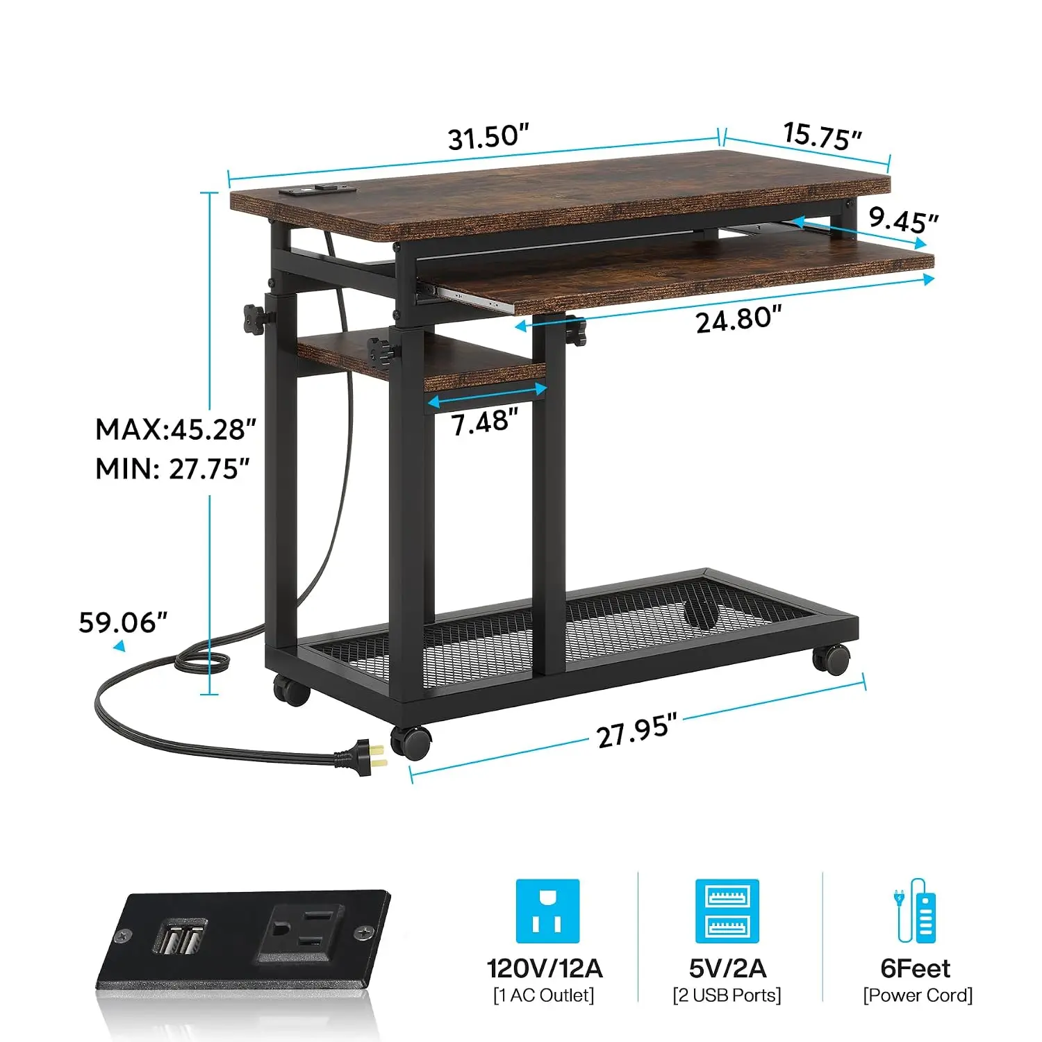 Small Portable Desk with Power Outlet Height Adjustable Sofa Bedside Laptop Table Wheels Mobile Standing Rolling Computer Cart U