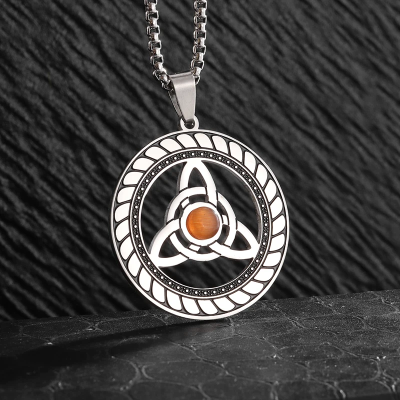 Classic Irish Celtic Trinity Stainless Steel Pendant Necklace for Men Women Wicca Witch Knot Lucky Power Stone Amulet Jewelry