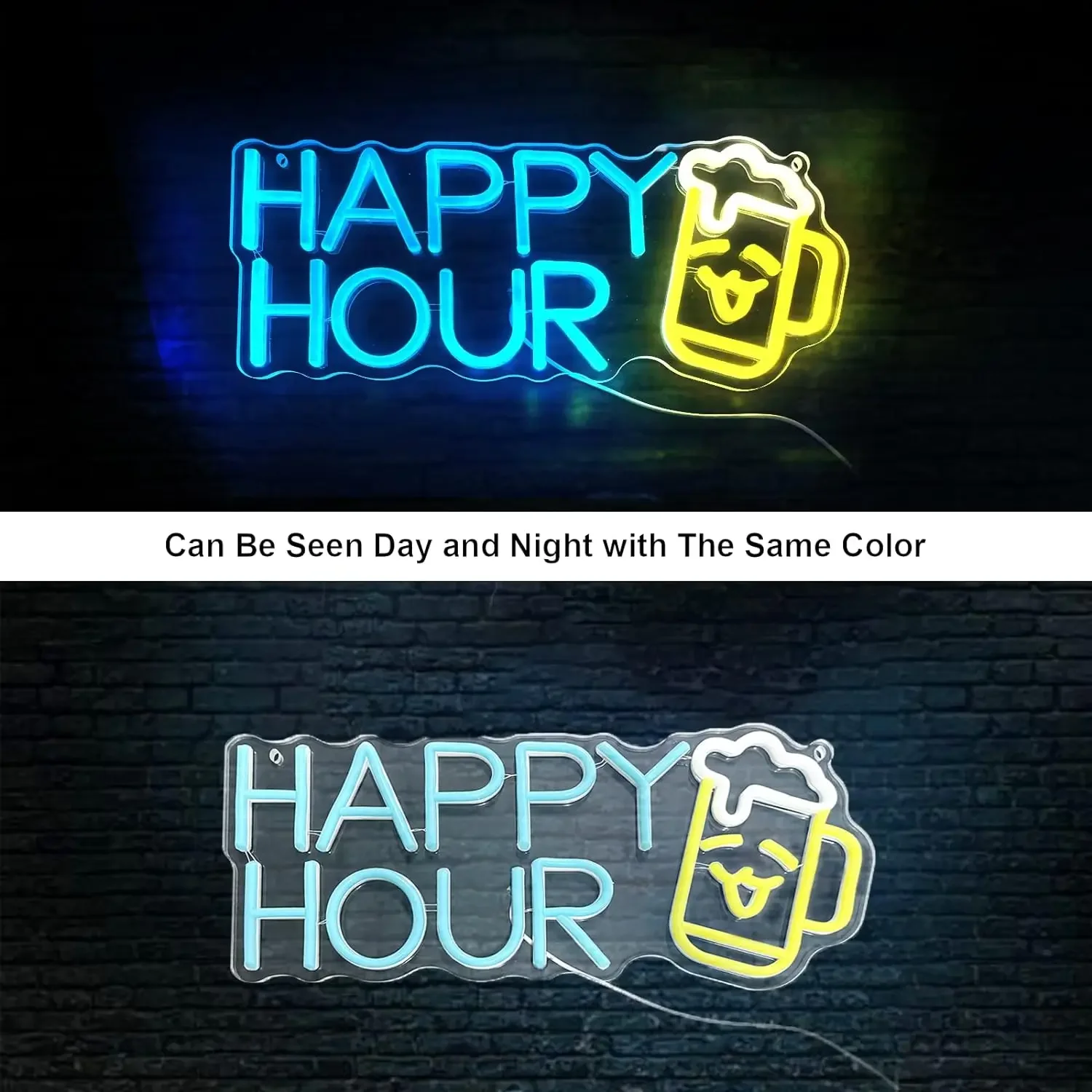 Happy Hour Neon Sign Blue Yellow Beer LED Wall Art Funny Glow USB Powered Dimmable Acrylic Lamp Home Bar Party Decor