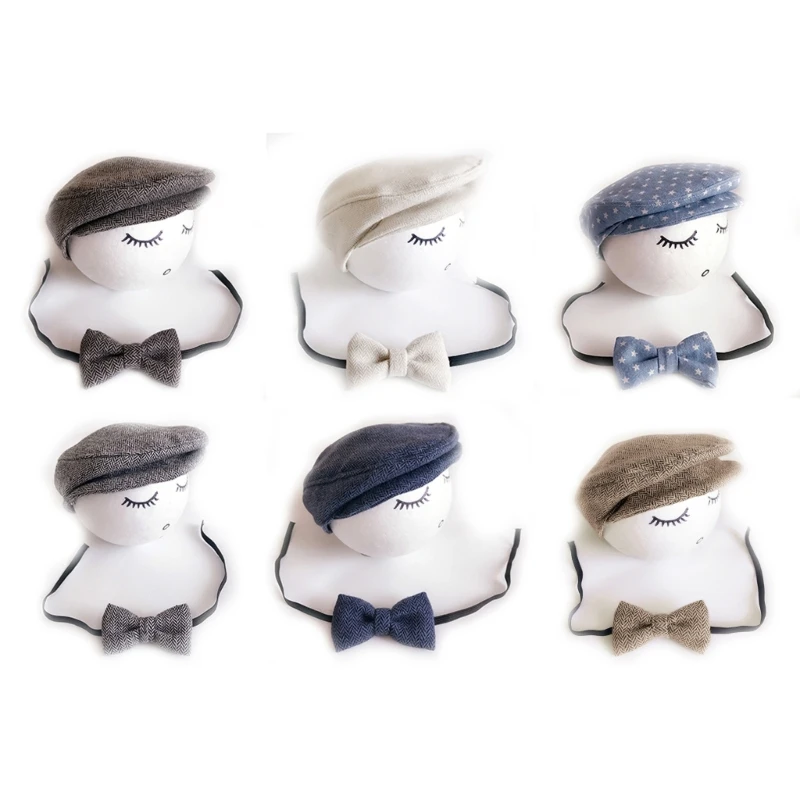 

N80C Baby Newborn Photography Props Bow Tie Gatsby Hat Hat for Photo for Bebe Hat Outfit Prop Accessories