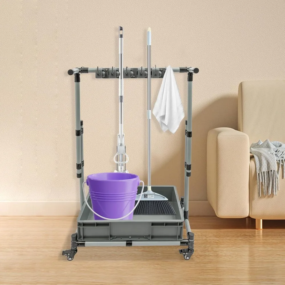 ممسحة أرضية قائمة بذاتها ورف مكنسة مع خطافات قابلة للطي لأدوات التنظيف ومرافق الحدائق