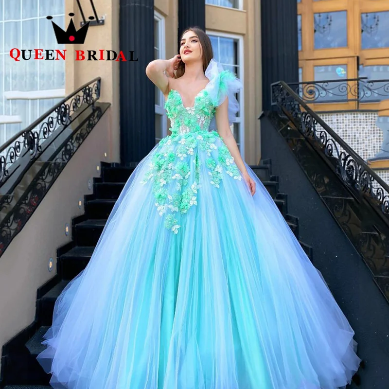 Tulle Hit-color Prom Dress Sexy V Neck Appliques One Shoulder Sleeveless A Line Evening Party Gowns Balo Elbise Custom D24C