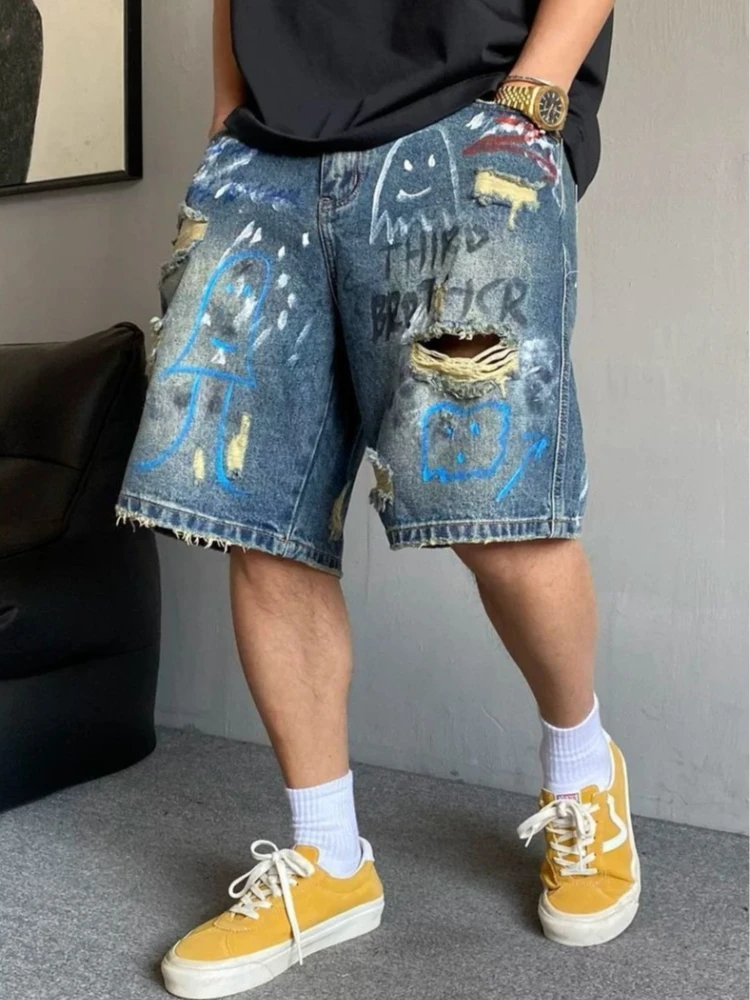 

Men's Summer Casual Denim Shorts with Vintage Graffiti Print and Ripped Details Loose Fit High Street Fashion Wear