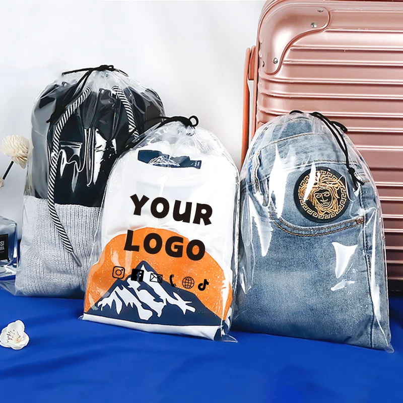 

100 прозрачных пакетов с завязками из полиэтилена, для упаковки носков, нижнего белья, одежды, дорожных пластиковых пакетов для хранения, с возможностью нанесения логотипов.