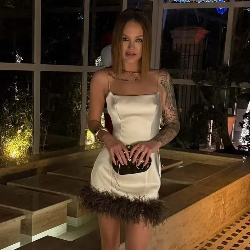 YENKYE New 2026 Women Feather Patchwork White Sling Mini Dress Club Party Sexy Vestidos