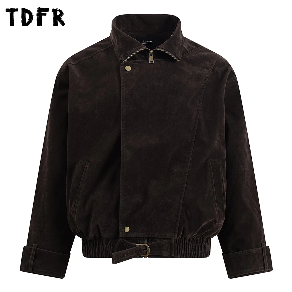

Retro Cargo Jacket Mens Spliced Autumn Winter Casual Stand Collar Long Sleeve Motorcycle Jacket Man