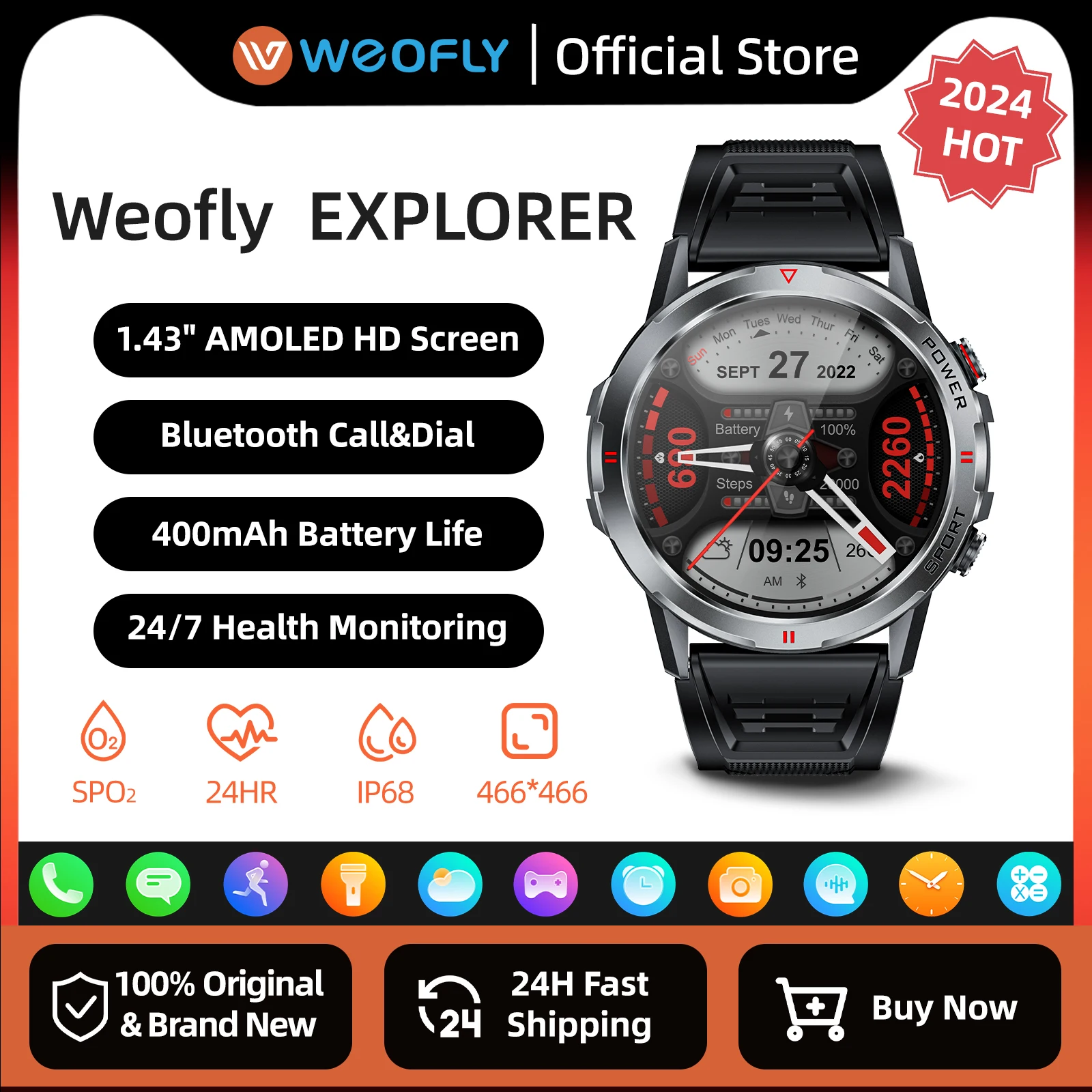 

Weofly Explorer Smart Watch 1.43'' AMOLED Screen BT Calling Sport Smartwatch Heart Rate Monitoring 400amh Men Digital Watch