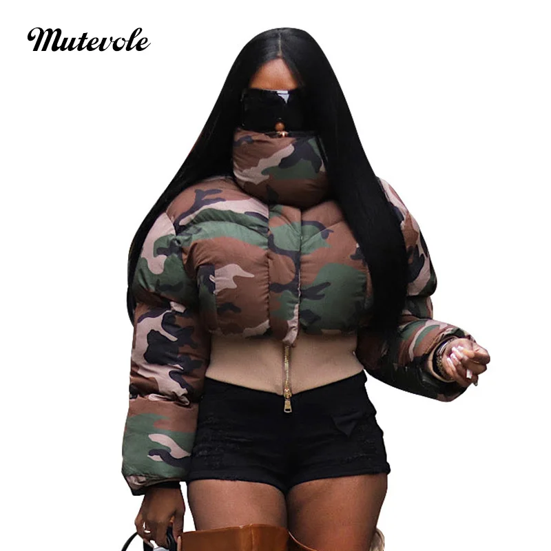 Mutevole Camouflage Puffer Parka Jacket Women Elastic Waist Winter Warm Turtleneck Cropped Coat