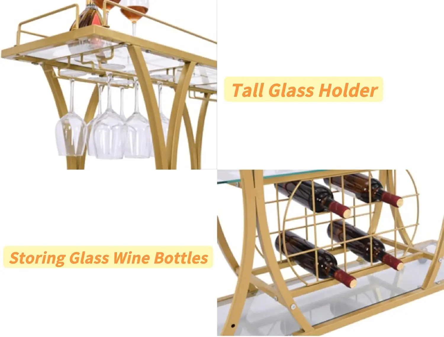 Gold Bar Carts with Glass Holders & Wine Rack 3 Tier Home Rolling Serving Carts with Glass Shelves Metal Home Kitchen Party Gold