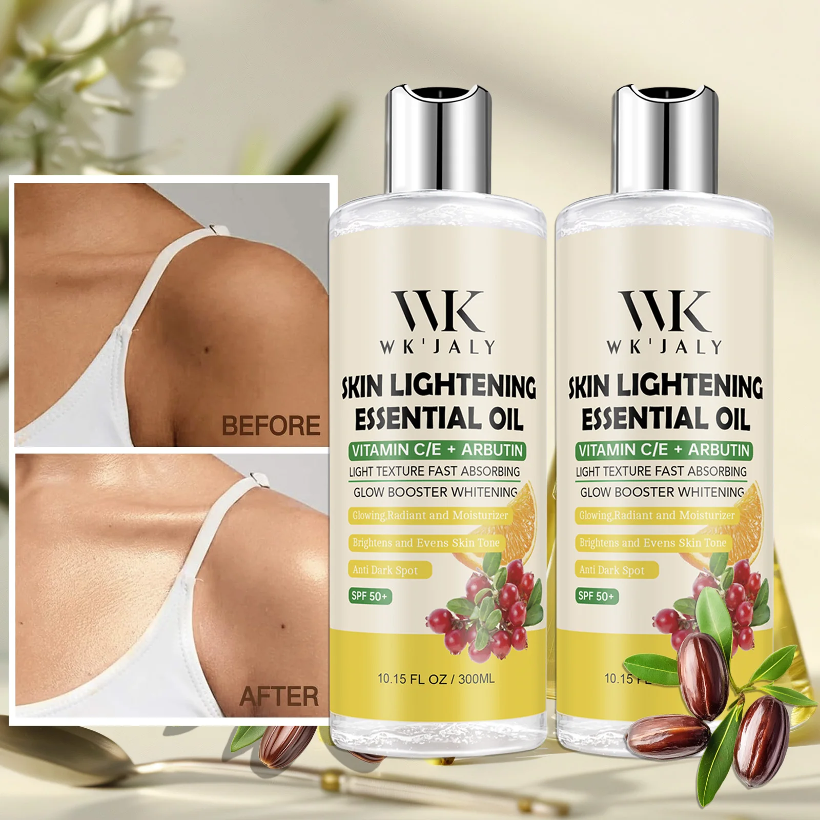 Aceite Corporal Blanqueador WK JALY, Elimina Manchas Oscuras, Potenciador de Luminosidad, Suaviza, Limpia la Piel, Hidratación Profunda, Con Aceite de Jojoba, Vitamina C