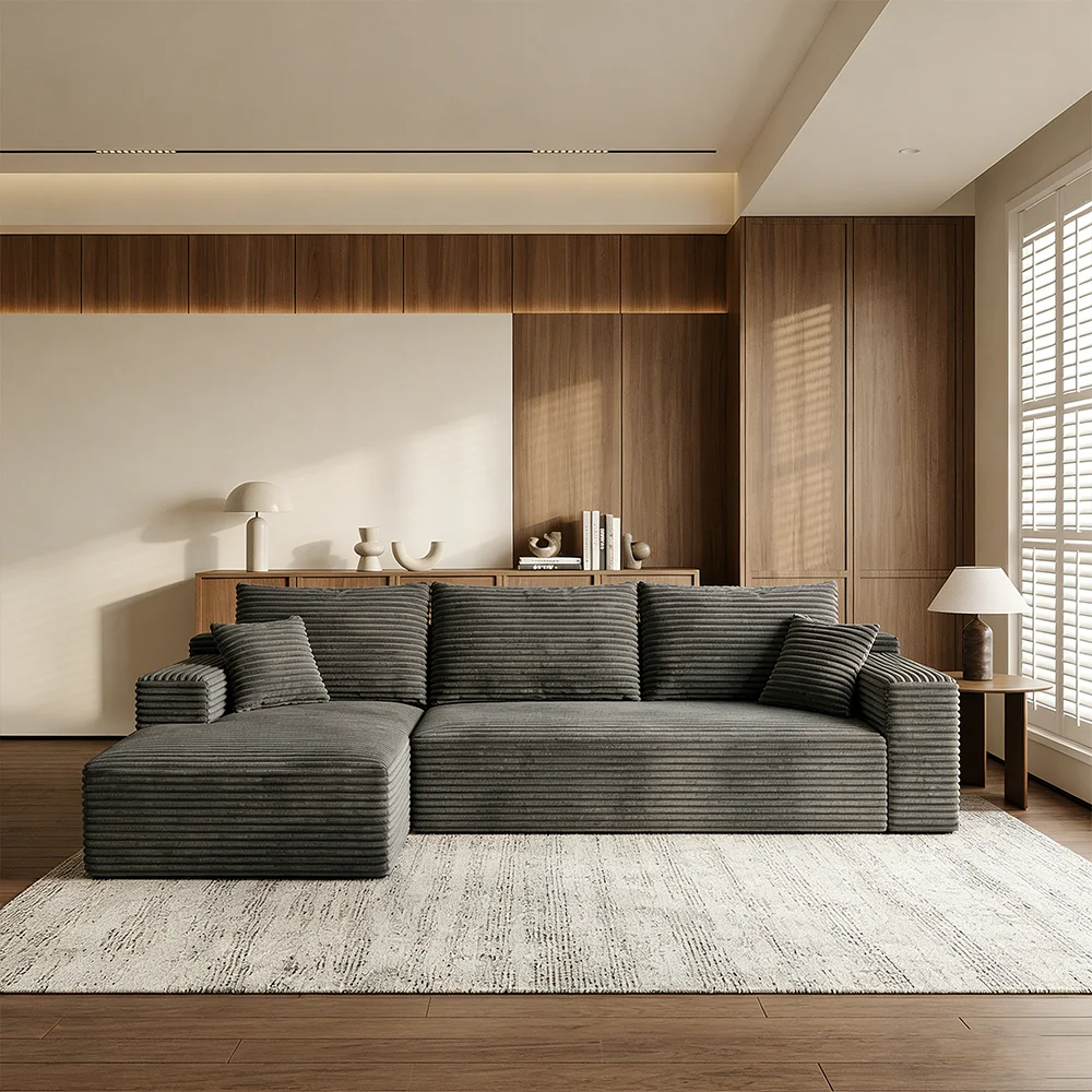 Dark Gray Corduroy L Shaped Compression Sectional Sofa with Chaise Ottoman Vacuum Packed No Assembly Fluffy Striped Fabric Couch for Living Room Apartment