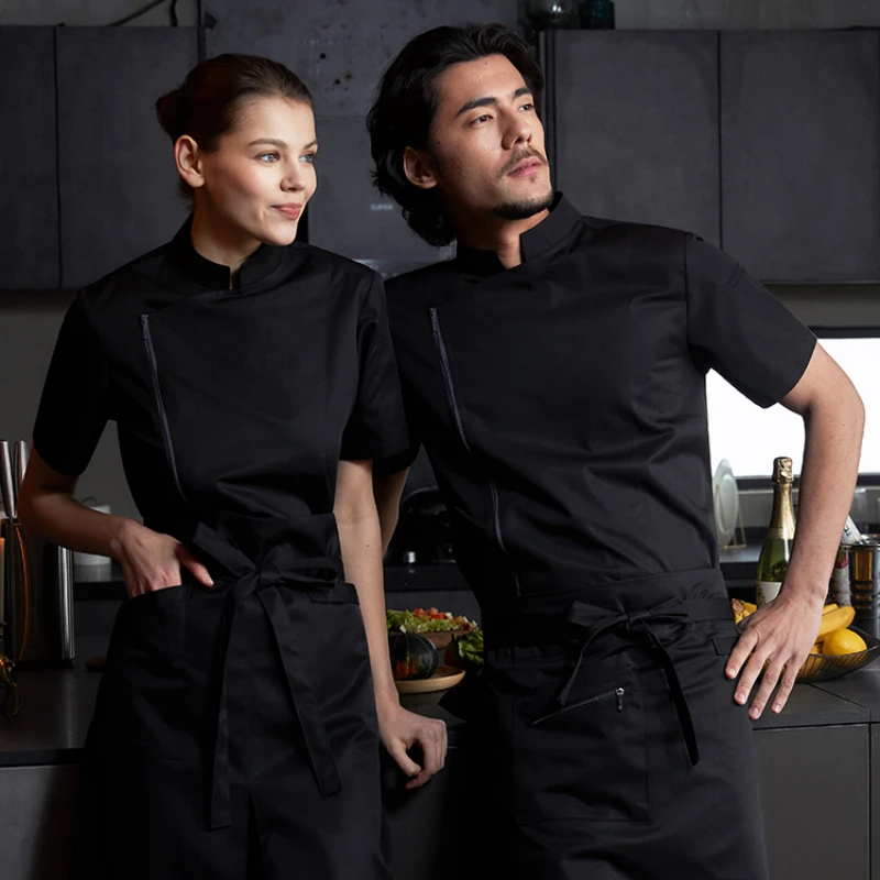 Veste de Chef professionnelle avec fermeture éclair pour femmes et hommes, uniforme de serveur de cuisine à manches courtes/longues pour hôtel, Restaurant