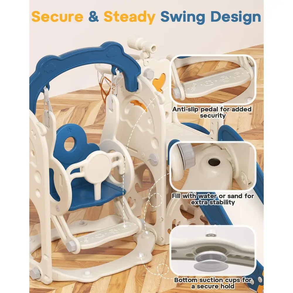 ชุดของเล่นเด็กวัยหัดเดิน 7-in-1: สไลเดอร์ในร่ม/กลางแจ้ง, ชิงช้า, ที่ปีนป่าย, ของเล่นกีฬาสำหรับเด็กอายุ 1 ปีขึ้นไป, สีน้ำเงินและสีเหลือง