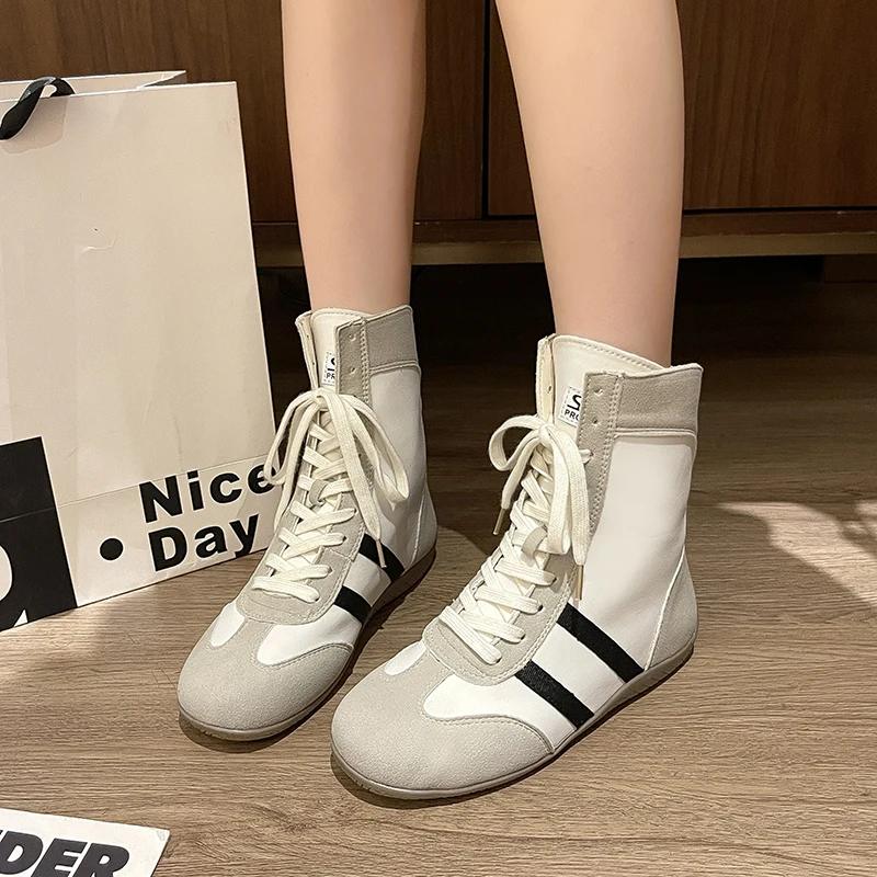 High Top Short Boots Boxing Shoes for Women 2025 Spring Autumn Round Head Lace-up Sneakers Zapatos De Mujer