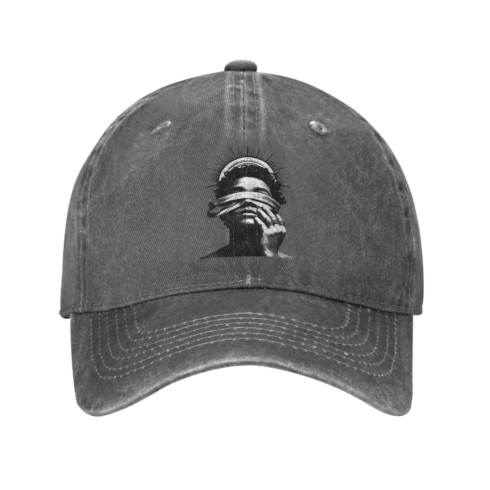 Gorras de béisbol con visera y diseño de retrato de Santo atado con lazos en los ojos y halo de púas, en blanco y negro, para hombre, con protección solar