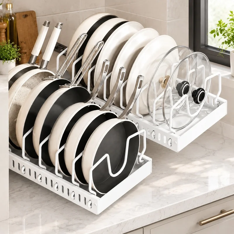 Adjustable Sliding Drawer Organizer for Kitchen Cabinets, Perfect for Storing Plates, Bowls, Pan Lids, and Spices