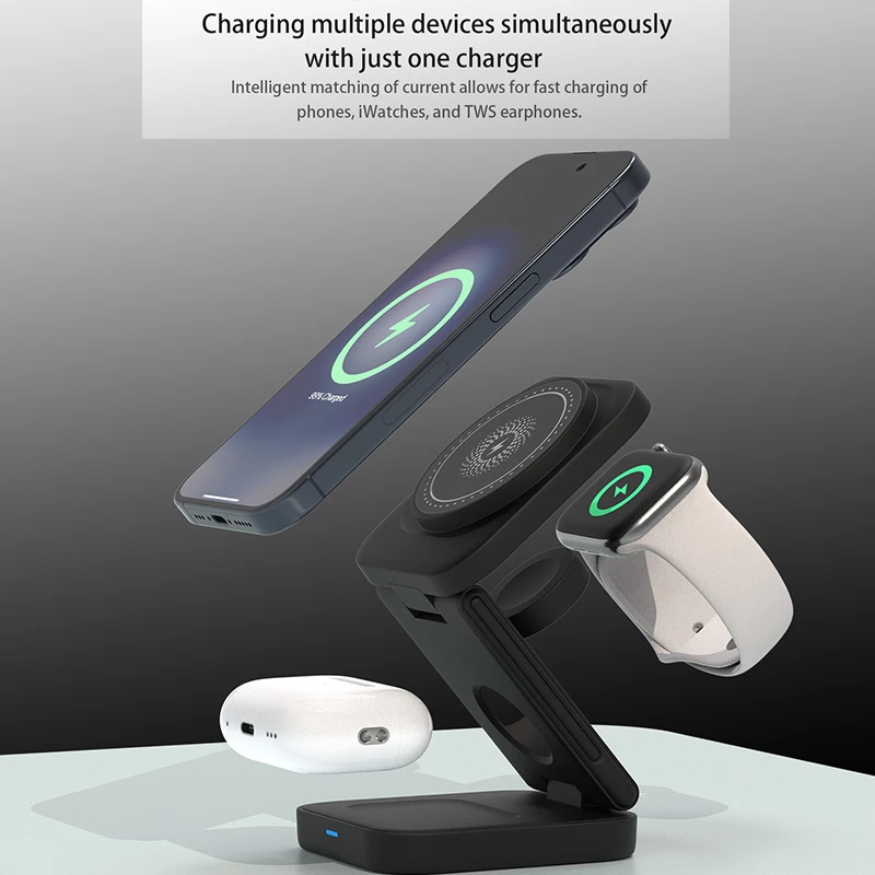 

Магнитная беспроводная зарядная станция 3 в 1 для iPhone 15, 14, 13, 12 Mini, Apple Watch 8, 7, 6, Airpods Pro, складная, быстрая беспроводная зарядка
