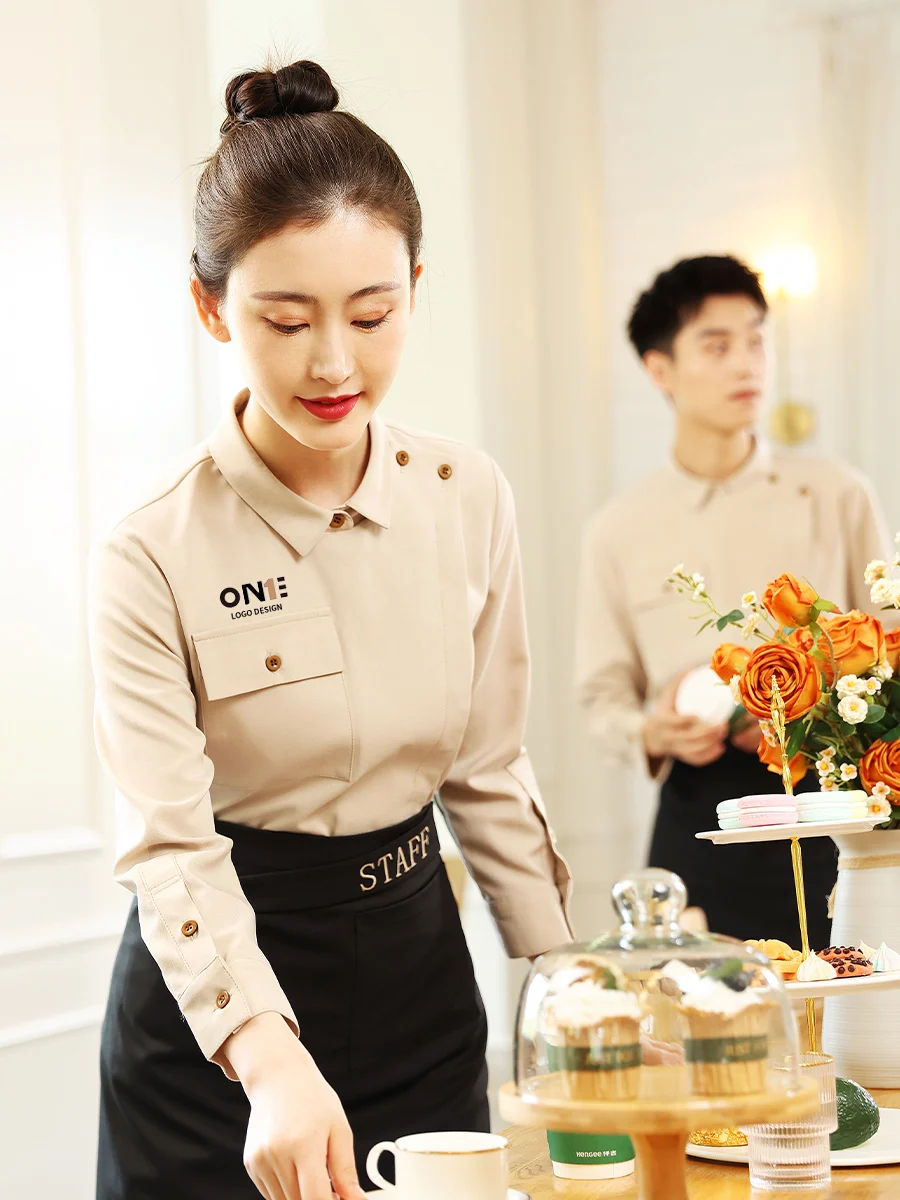 Women's Restaurant Clothing Baking Milk Tea Shop Waiter Shirt+Apron Western Hotel Long-sleeved Waitress Uniforms Free Shipping