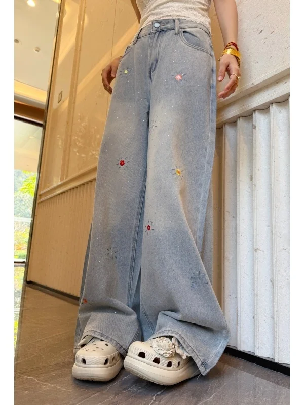 

Heavy Embroidery Wide Leg Denim Jeans MoNvKiKiPlus10 Spring Warm plus Size Cotton Blend Comfortable Breathable Casual Pants