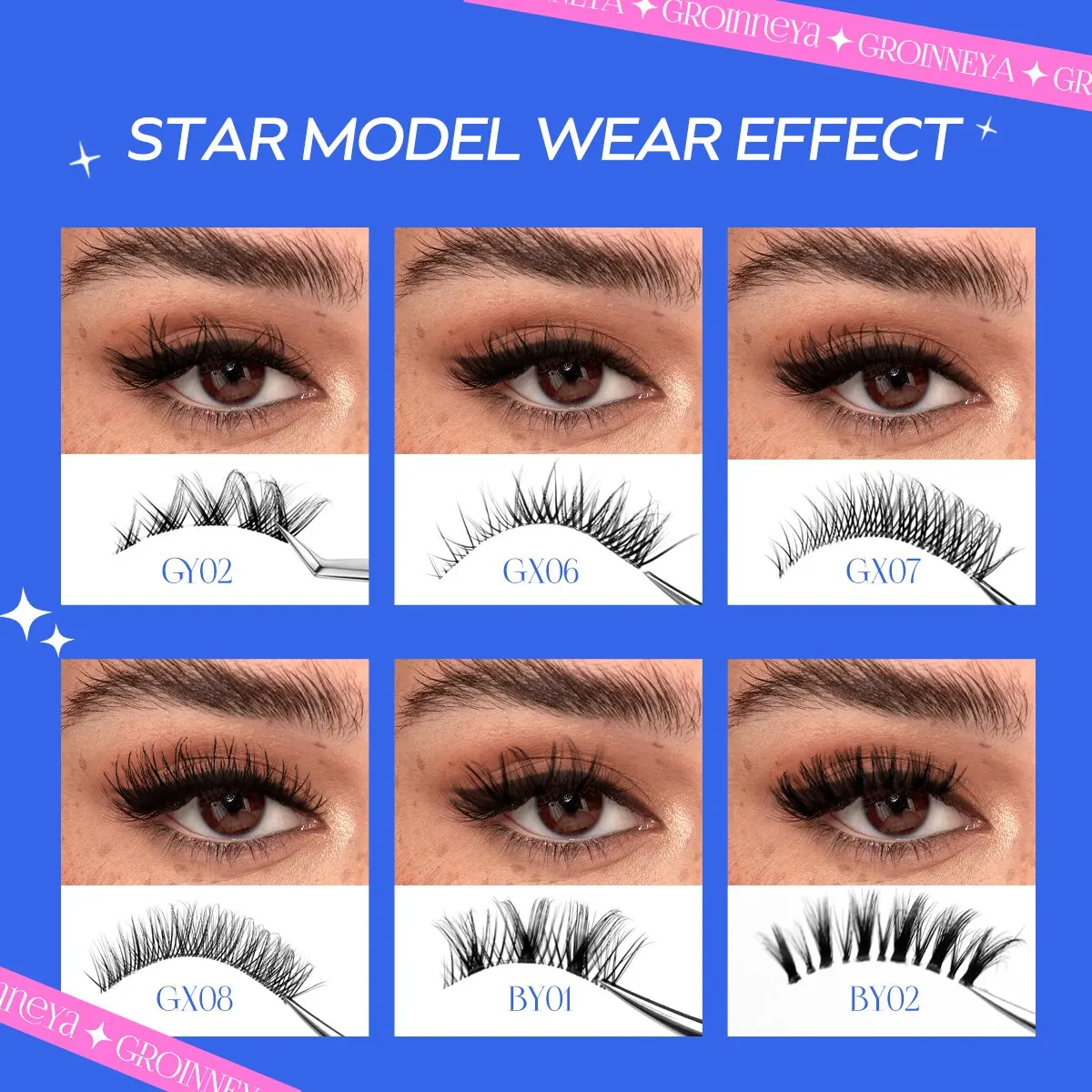 GROINNEYA 7 Pairs Cat Eyelashes Invisible Band Lash Extension Natural False Eyelashes Cross Cluster Fairy 3D Faux Fox Lashes