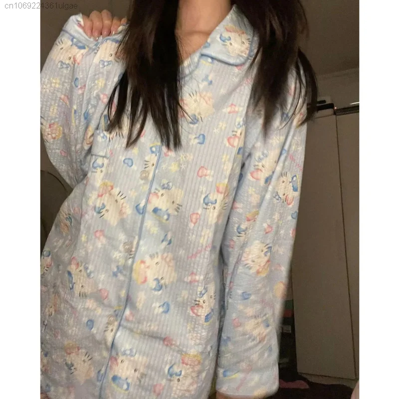 Sanrio Hello Kitty Spring Clothes Y2k New Long Sleeve Top Shirts Trousers 2 Piece Set Women Cute Pajamas Suit Girls Sleepwear